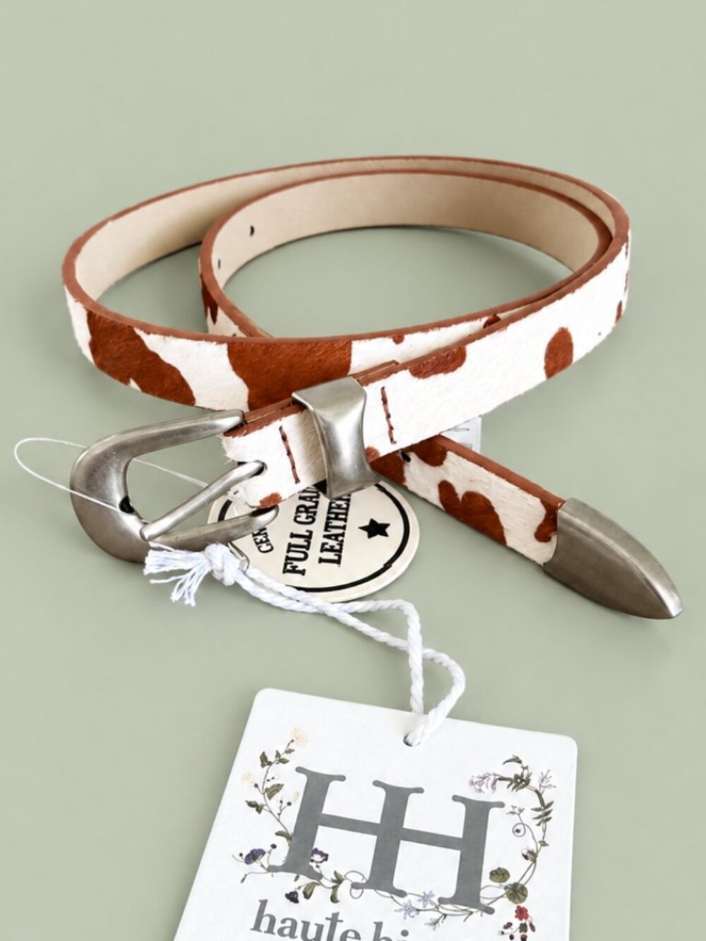 Haute Hippie Cowhide Leather Cow Print Western Belt Brown White M NWT